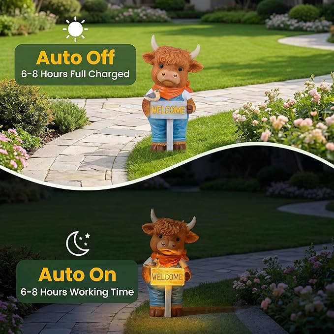 Solar-Powered Resin Highland Cow Welcome Statue with Light-Up Welcome Sign and Perched Bird, Garden Decor for Porch, Patio or Entryway