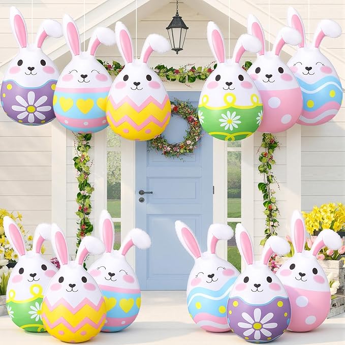 Jetec 12 Pcs 12 Inch Easter Egg Inflatable Decorations Hanging Inflatable Easter Balloons Decor PVC Large Outdoor Colorful Eggs Bunny Text Blow up Yard Ornaments for Lawn Garden Party(Egg)