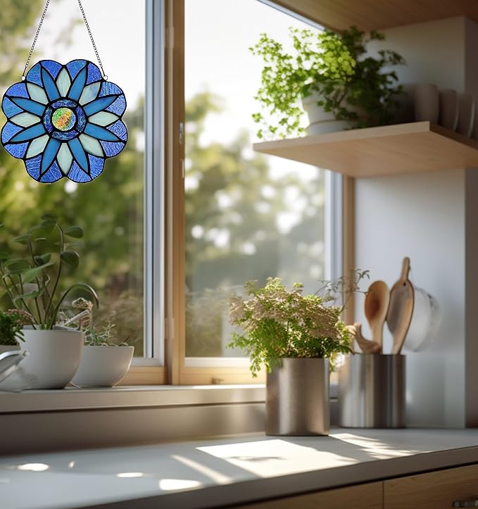 Stained Glass Window Panels,Flower Handmade Art Crafts Suncatcher for Window or Wall (Blue Mandala)