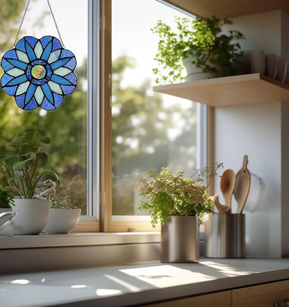 Stained Glass Window Panels,Flower Handmade Art Crafts Suncatcher for Window or Wall (Blue Mandala)