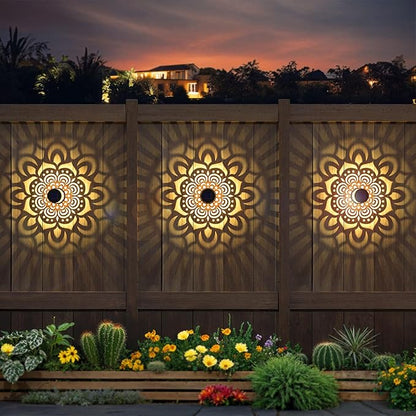 Solar Fence Lights 4 Pack Outdoor Deck Step Wall Lights Metal Waterproof LED Warm Yellow Light for Garden Post Patio Backyard Yard Decor (Mandala-1, 4)