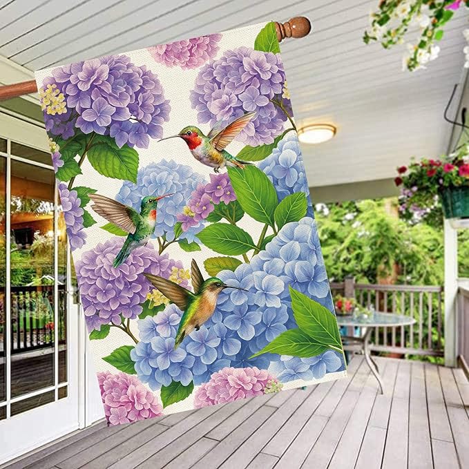 Baccessor Spring Summer Hydrangea House Flag 28 x 40 Inch Double Sided Burlap Flower Green Leaf Farmhouse Large Yard Flag Summer Holiday Seasonal Outdoor Outside Decoration