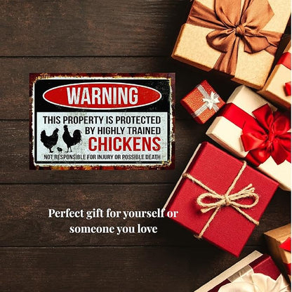 Funny Chicken Sign, Metal Chicken Coop Tin Signs, This property is protected by chickens, Yard Sign Garage Farm Garden Wall Decor Sign Plaque Outdoor for Home Fence 8 X 12 Inches