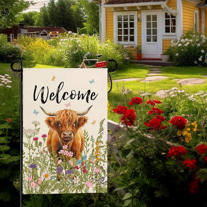 Welcome Spring Highland Cow Garden Flag Highland Cow with Flowers Burlap Yard Flag Seasonal Summer Bull Butterfly House Banner for Farmhouse Rustic Holiday Outdoor Decor 12x18 Inch