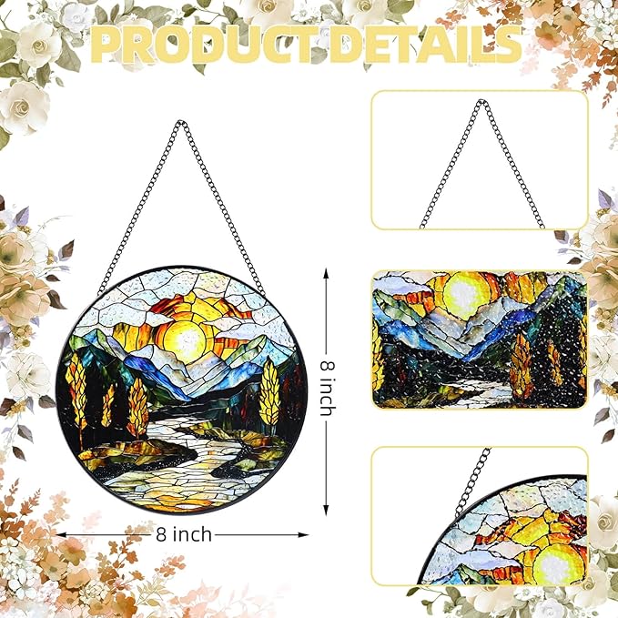 Stained Glass Window Hanging, 8 in Sunset Mountains Lake Tree Sun Catchers, Diamond Glass Panel Landscape Suncatcher for Home Decor - Gift for Bird Lovers Women Mother's Day Christmas