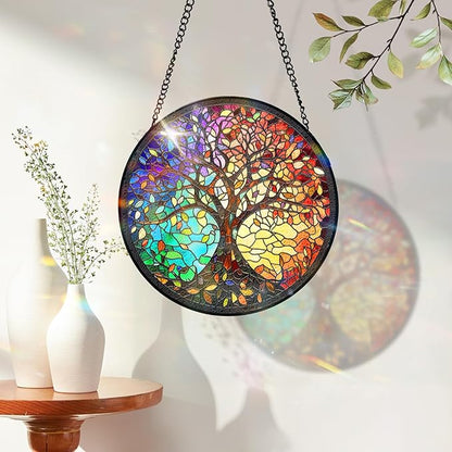 7.8 Inch Stained Glass Window Hanging Tree of Life Sun Catcher Indoor Window Door Wall Yard Garden Home Decor Colorful Glass Panel Suncatcher Gifts for Women Men Mom Grandma