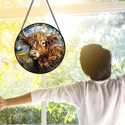 DASTOLL Stained Glass Window Hanging - Funny Cow Flower Suncatcher Ready to Hang Window Doors Home Decoration and Christmas, Mother's Day Birthday Gifts for Women, Men, and Mom 7.8x7.8 in
