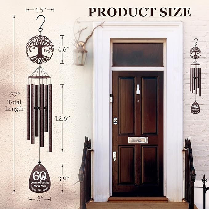 SteadStyle 60th Anniversary Wind Chime, Happy 60th Jubilee Gifts for Parents, Husband, Wife, Couples, Friends - Diamond Anniversary Keepsake Tree of Life Wind Chime Large Size 37 in Garden Patio Decor
