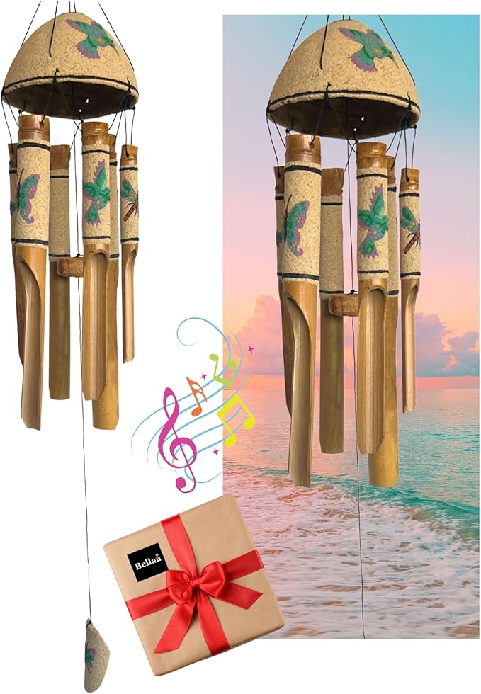 Bellaa 20346 Bamboo Wind Chimes Sea Sand Art Painting Hummingbird Butterfly Dragonfly Handmade Windchimes Outdoor Garden Patio Gifts 32 Inch (Green Sand)