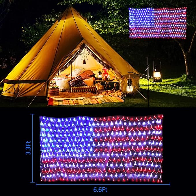 Decute American LED Flag Net Lights - 420 LED 4th of July Decorations Outdoor Lighted Flag String Lights of The United States for Memorial Day Yard Garden Festival Holiday Party