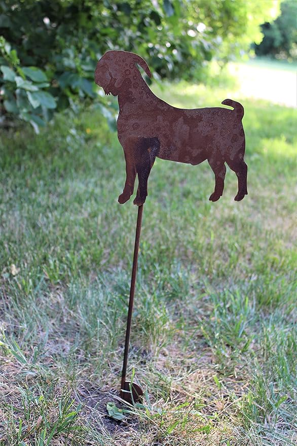 Pets and Farm Animals Metal Garden Landscape Stake (8.75" Wide Goat on Stake, Naturally Rusted)
