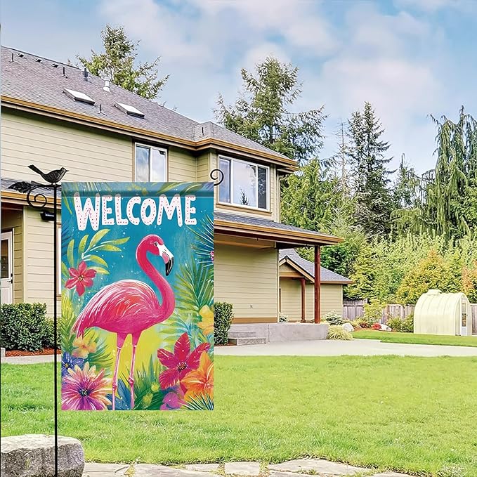 Spring Summer Garden Flag 12x18 Inch Welcome Flamingo Tropical Floral Jungle Design Outdoor Yard Porch Lawn Garden for Seasonal Coastal Farmhouse Home Decor