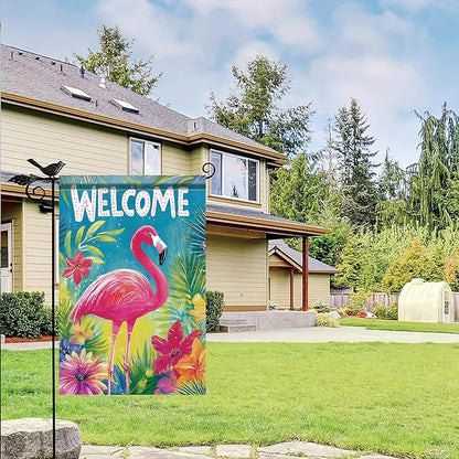 Spring Summer Garden Flag 12x18 Inch Welcome Flamingo Tropical Floral Jungle Design Outdoor Yard Porch Lawn Garden for Seasonal Coastal Farmhouse Home Decor