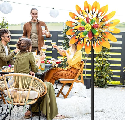 Metal Sunflower Wind Spinner Outdoor, 13" W x 64" H Large Double Windmill Pinwheels with 5 Prong Stake, Kinetic Wind Sculpture for Backyard Garden Patio Lawn Art Decor Yellow