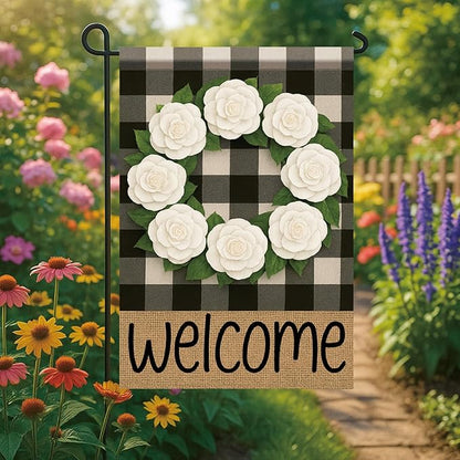 Buffalo Plaid Welcome Wreath Garden Flag White Camellia Flower Flag 12x 18 Inch Double Sided Spring Outdoor Fall Autumn Farmhouse Outdoor Small Decor for Porch Lawn Patio Yard