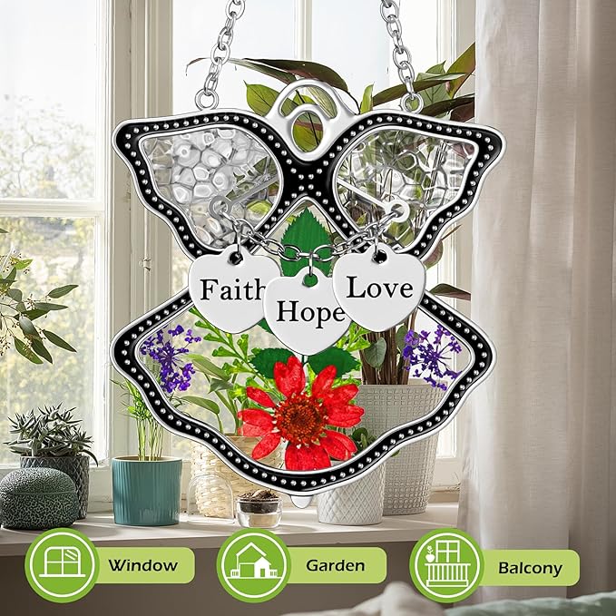 KY&BOSAM Angel Suncatcher Faith Hope Love Stained Glass Suncatchers for Windows Hangings Wind Chimes with Pressed Real Flowers and Heart Charm Engraved Birthday Gifts for Mom Mothers Day Christmas