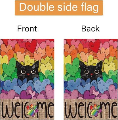 Louise Maelys Pride Garden Flag Rainbow Black Cat 12x18 Inch Double Sided Small Burlap Love Heart Gay Lesbian LGBTQ Yard Outdoor Sign Outside Home House Decor