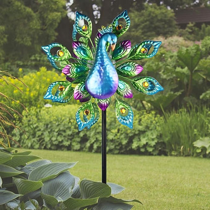 Peacock Solar Wind Spinner, 62Inch Double Wind Sculpture with Color Changing LED Light, Wind Sculptures & Spinners Outdoor Metal Stake Yard Spinners