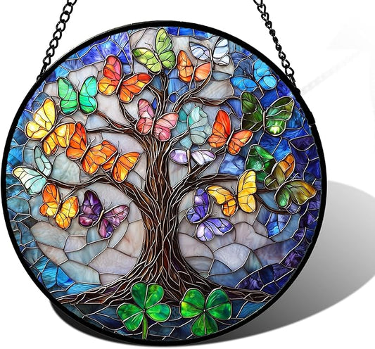 DASTOLL Stained Glass Window Hanging, Butterfly Tree Clover Sun Catchers Glass Panel Blue Suncatcher Decor for Birthday for Women, Men, Wife, Aunt, and Mom 9.8 in