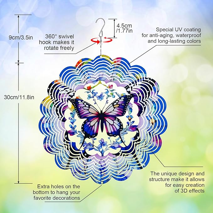 Wind Spinners Outdoor Butterfly，3D Wind Spinner Birthday Gifts for Women Mom Wife Grandma,12 inch Hanging Wind Sculptures Wind Spinner for Yard and Garden