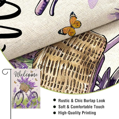 Artofy Welcome Spring Summer Bike Small Decorative Garden Flag, Bicycle Lavender Flower Floral Yard Lawn Outside Decor, Seasonal Butterfly Burlap Outdoor Home Decoration Double Sided 12 x 18