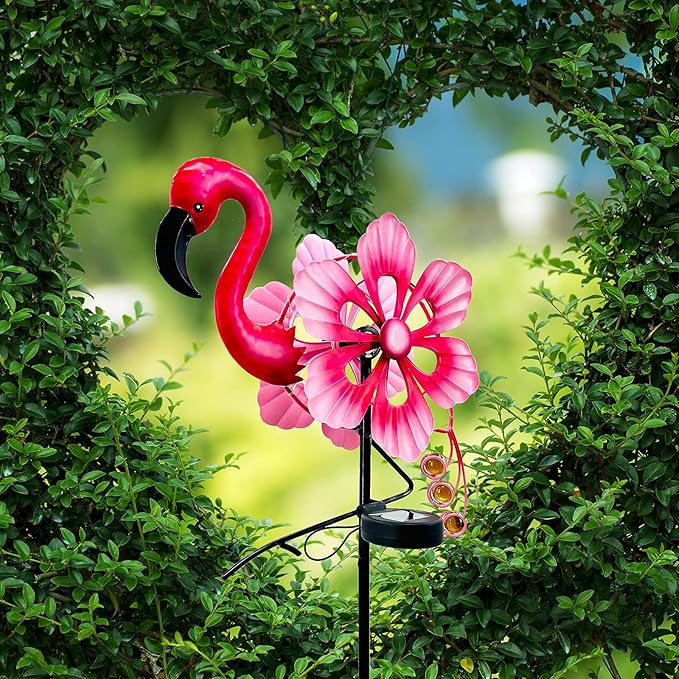 Solar Wind Spinner with Metal Sculpture Garden Stake Flamingo Decor Multi-Color LED Lights for Outdoor Yard Lawn & Garden Decoration