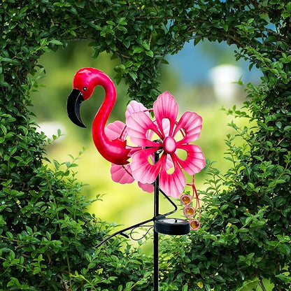 Solar Wind Spinner with Metal Sculpture Garden Stake Flamingo Decor Multi-Color LED Lights for Outdoor Yard Lawn & Garden Decoration