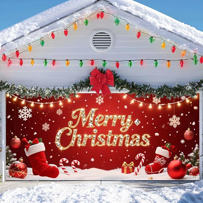 IVN Christmas Garage Door Cover Decoration 13x6ft Red Stockings Candy Canes Snowflakes Ornaments Merry Christmas Winter Garage Door Banner Home Door Front Yard Decor for Xmas Eve Holiday Outdoor