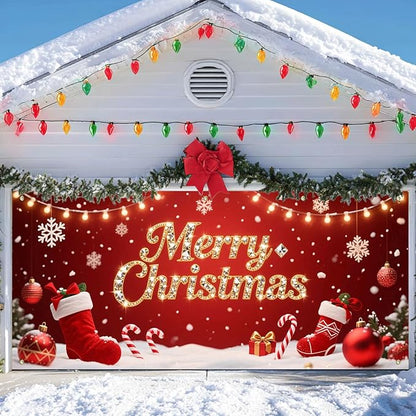 IVN Christmas Garage Door Cover Decoration 13x6ft Red Stockings Candy Canes Snowflakes Ornaments Merry Christmas Winter Garage Door Banner Home Door Front Yard Decor for Xmas Eve Holiday Outdoor