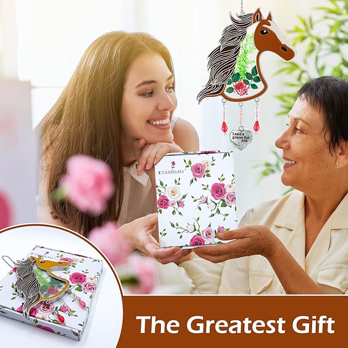 KY&BOSAM Horse Head Suncatcher Stained Hand-Painted Prayer for You Suncatchers Ornament hangings Wind Chime with Pressed Flower Horse Embedded in Glass Window Mother`s Day Birthdays