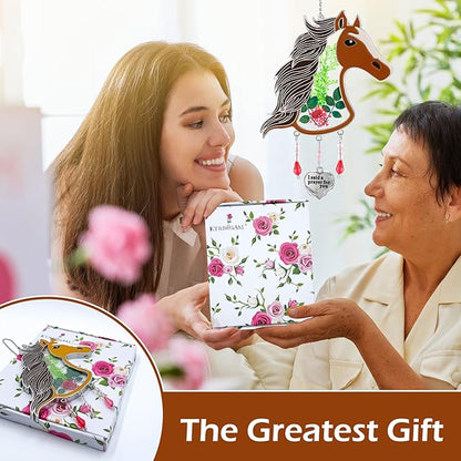 KY&BOSAM Horse Head Suncatcher Stained Hand-Painted Prayer for You Suncatchers Ornament hangings Wind Chime with Pressed Flower Horse Embedded in Glass Window Mother`s Day Birthdays