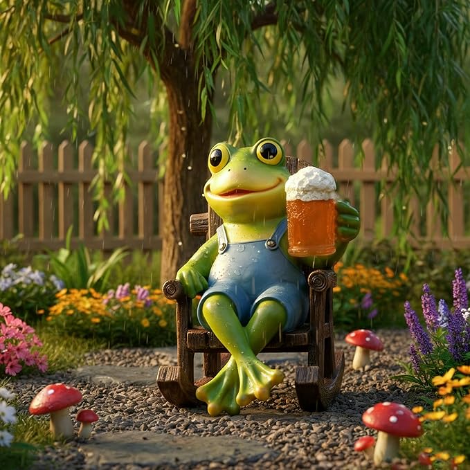 Flytime Frog Garden Decor, Outdoor Garden Statue,Frog on Rocking Chair,Suitable for Indoor and Outdoor Patios, Gardens, Flowers, and Lawns, A Whimsical Decoration(Beer)