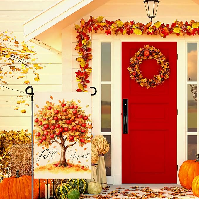 Fall Garden Flag Red Apple Fall Harvest Yard Flag Autumn Tree Maple Leaves Vertical Double Sided Garden Flags Thanksgiving Holiday House Banner Outside Decorations 12x18 Inch