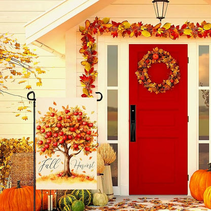 Fall Garden Flag Red Apple Fall Harvest Yard Flag Autumn Tree Maple Leaves Vertical Double Sided Garden Flags Thanksgiving Holiday House Banner Outside Decorations 12x18 Inch