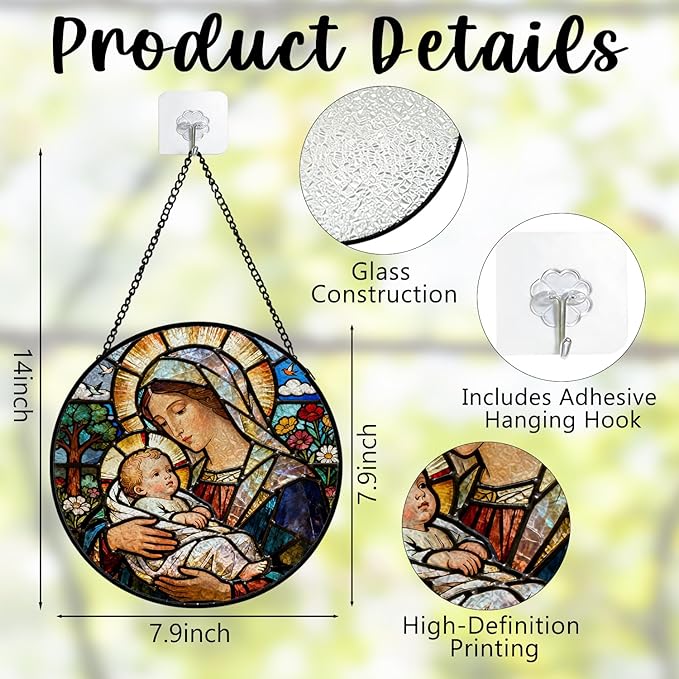 Christian Virgin Mary Baby Jesus Stained Glass Window Hanging, Religious Jesus Suncatcher Indoor Window Glass Round Wall Art Decor, 7.9x7.9 Inch