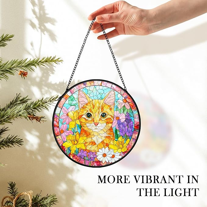 Orange Cat Suncatcher Stained Glass Window Hanging Decor Ornaments, Orange Tabby Cat Owner Memorial Sun Catchers Wall Art Gifts for Women, Floral Flower Garden Stained Glass Decor, 7.9x7.9In