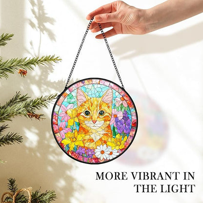 Orange Cat Suncatcher Stained Glass Window Hanging Decor Ornaments, Orange Tabby Cat Owner Memorial Sun Catchers Wall Art Gifts for Women, Floral Flower Garden Stained Glass Decor, 7.9x7.9In