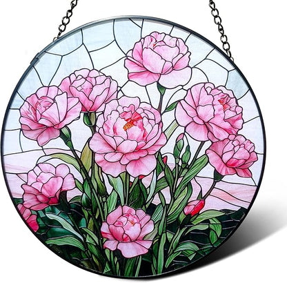 Stained Glass Window Hanging Suncatcher, Handmade 7.8 in Pink Carnation Sun Catcher for Home Garden Decor, Gift for Women Friends Grandma Mom Sister, Mother's Day, Birthday, Anniversary