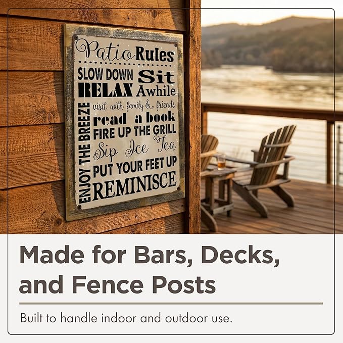 Homebody Accents Patio Rules Sign - Rustic Steel Porch Wall Decor, Outdoor Sign for Back Patio, Deck and Screened Porch, Positive Thinking Home Gift, Made in USA - 13"x17" Framed