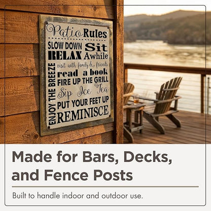 Homebody Accents Patio Rules Sign - Rustic Steel Porch Wall Decor, Outdoor Sign for Back Patio, Deck and Screened Porch, Positive Thinking Home Gift, Made in USA - 13"x17" Framed