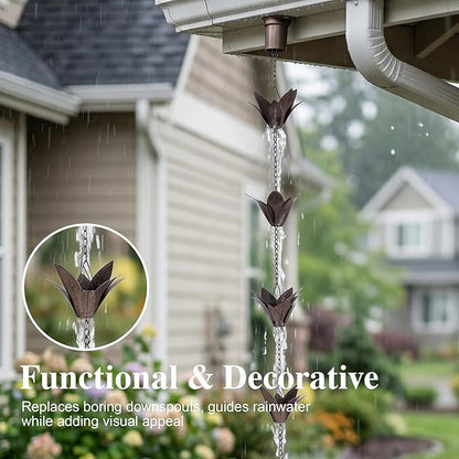 DUSVALLY Rain Chains Metal Flower Decorative Catcher Chain for Gutters Outside Downspout, 7.88 FT Rain Chain Bell for Divert Water, Antique Silver