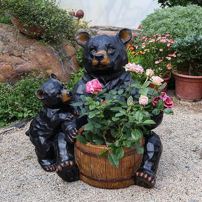 Black Bear Garden Statue Planter, Waterproof Outdoor Resin Animal Flower Pot, Yard Lawn Patio Decor, Front Porch Ornament Housewarming Gift(Mother and Baby Black Bear)