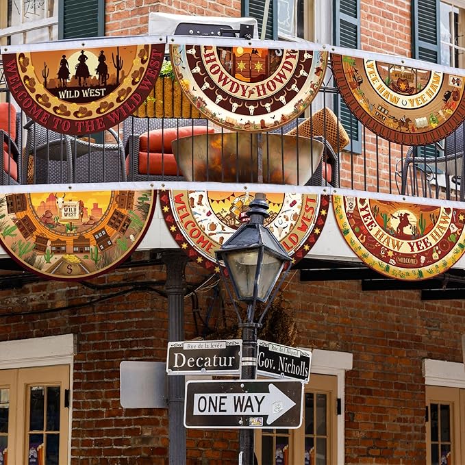 6 Pcs Western Party Decorations Cowboy Bunting Fan Flags Wild West Cowboy Hanging Half Fan Banners 1.5 x 3ft Rustic Country Cowgirl Bunting Decor for Outdoor Indoor Garden Yard Western Party