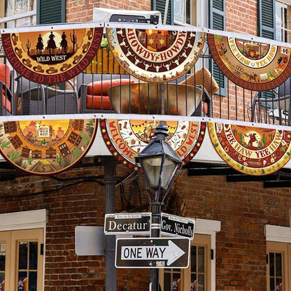 6 Pcs Western Party Decorations Cowboy Bunting Fan Flags Wild West Cowboy Hanging Half Fan Banners 1.5 x 3ft Rustic Country Cowgirl Bunting Decor for Outdoor Indoor Garden Yard Western Party
