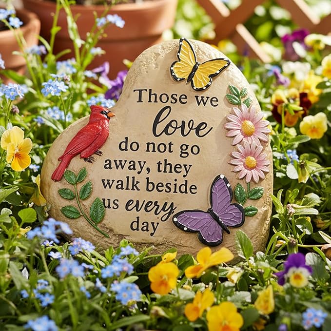 Memorial Garden Stone Cardinal Sympathy Gifts with Butterfly Flowers, in Memory of Loved One Gifts for Mother Father Cemetery Decorations for Grave Waterproof 6 inch