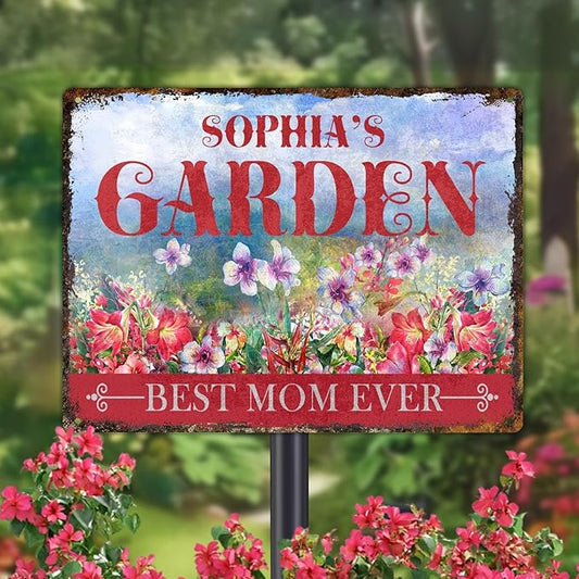 Custom Garden Signs Personalized Metal Tin Sign for Women, Retro Hummingbird Metal Sign for Outdoor, Patio, Yard Home Decor Gift for Mothers Day, Grandmas, and Gardening Lovers (For MOM 01)