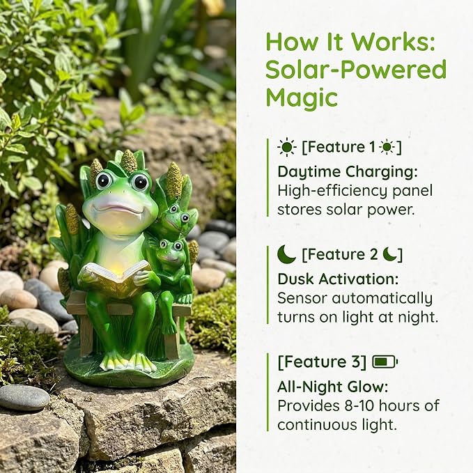 Solar Frog Garden Statue Light - Outdoor Waterproof Resin Frog Figurine with Auto Glow for Patio, Yard, Lawn Decor