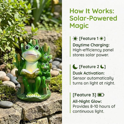 Solar Frog Garden Statue Light - Outdoor Waterproof Resin Frog Figurine with Auto Glow for Patio, Yard, Lawn Decor