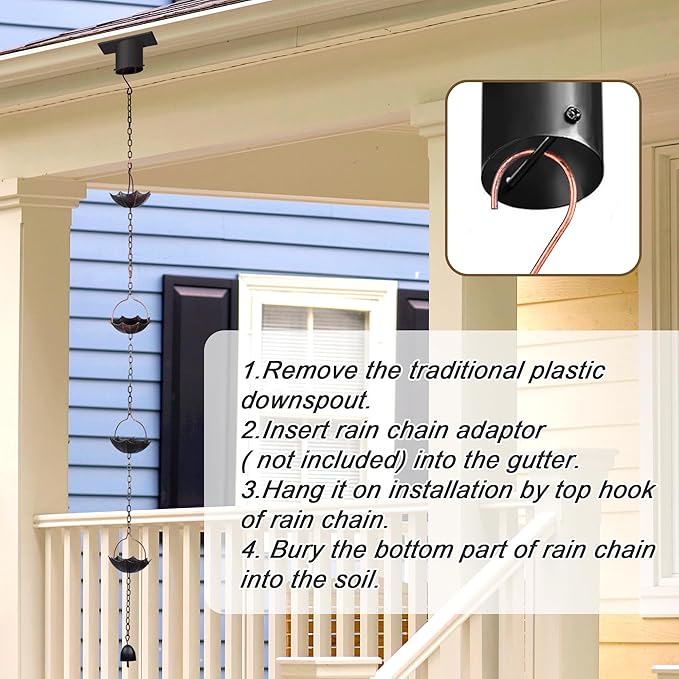 Invech Adjustable Rain Chains for Gutters, 12.5FT Outside Rain Chains with 12 Cups, Umbrella Shaped Rain Catcher Chain with Bell for Eaves Drainage, Replacement for Downpout