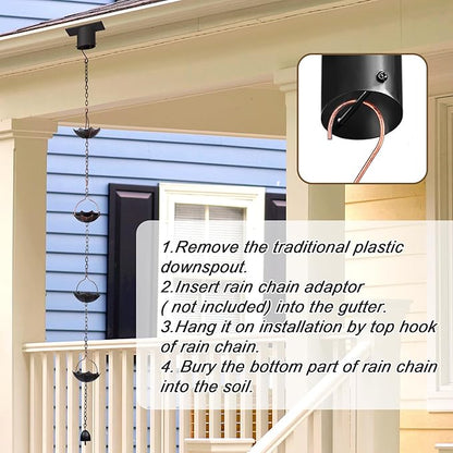 Invech Adjustable Rain Chains for Gutters, 12.5FT Outside Rain Chains with 12 Cups, Umbrella Shaped Rain Catcher Chain with Bell for Eaves Drainage, Replacement for Downpout